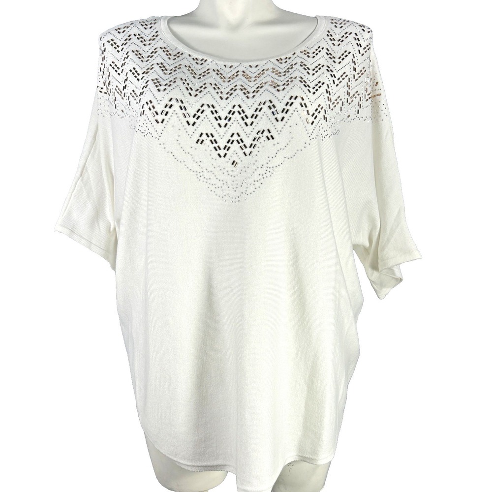 Madison Sweater 2X White Gold Silver Embellish Dolman Sl Knit Stretch